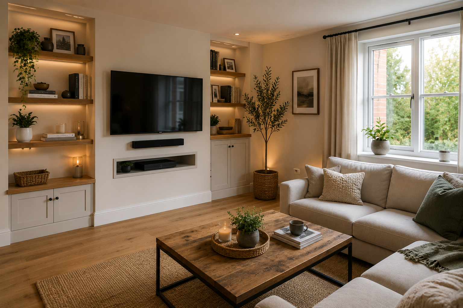 Completed modern living room with built-in shelving, television, sofa and warm lighting