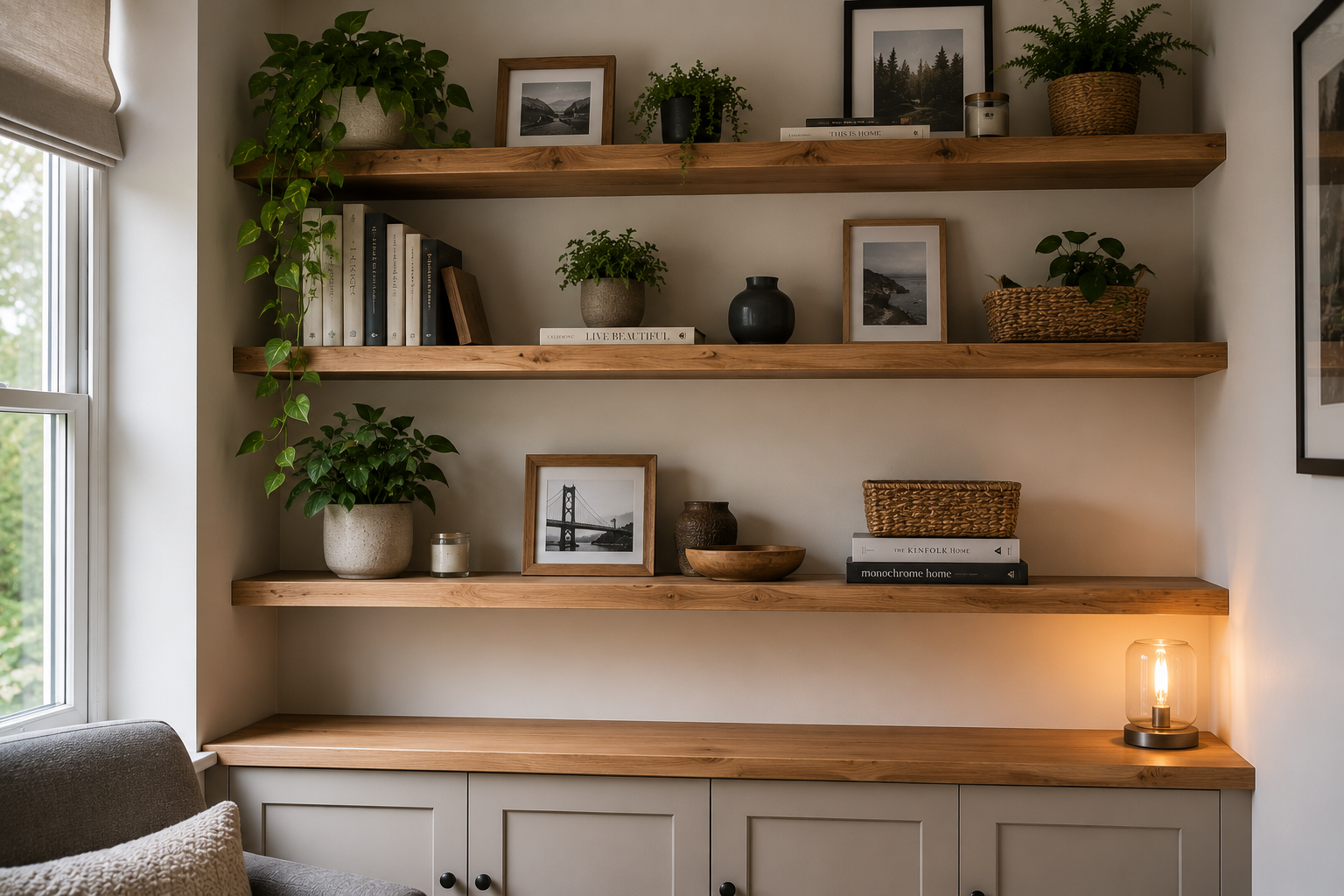 Finished built-in shelving with plants and decor