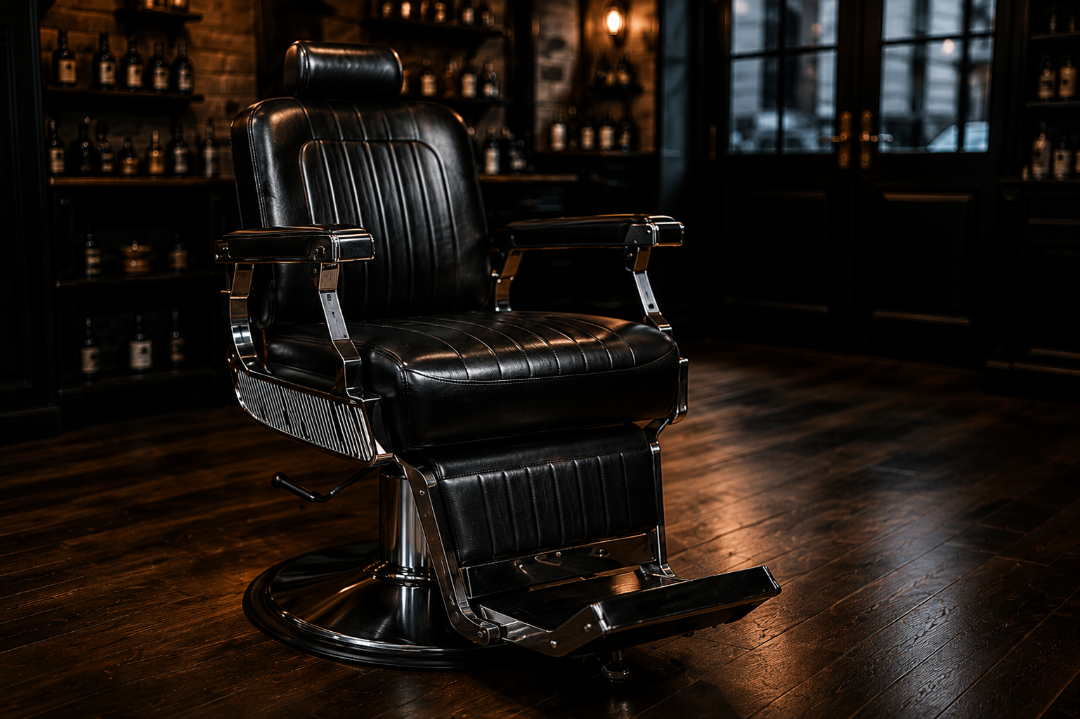 Classic black leather barber chair in the shop