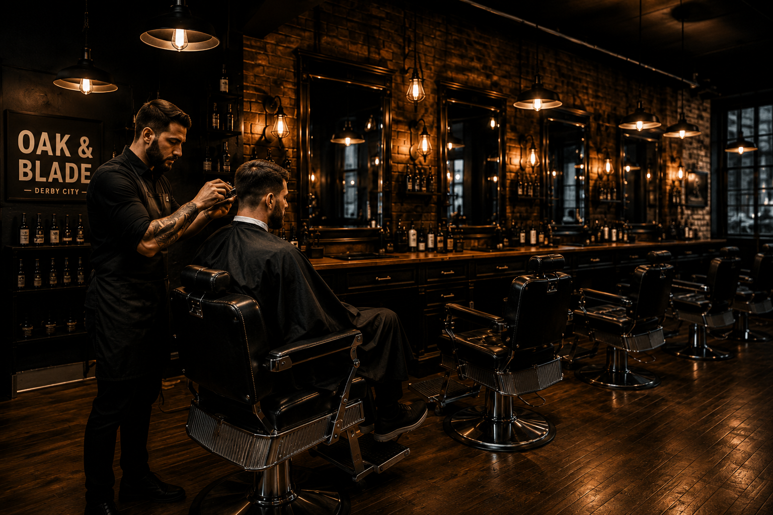 Barber cutting a client's hair in the Oak and Blade shop