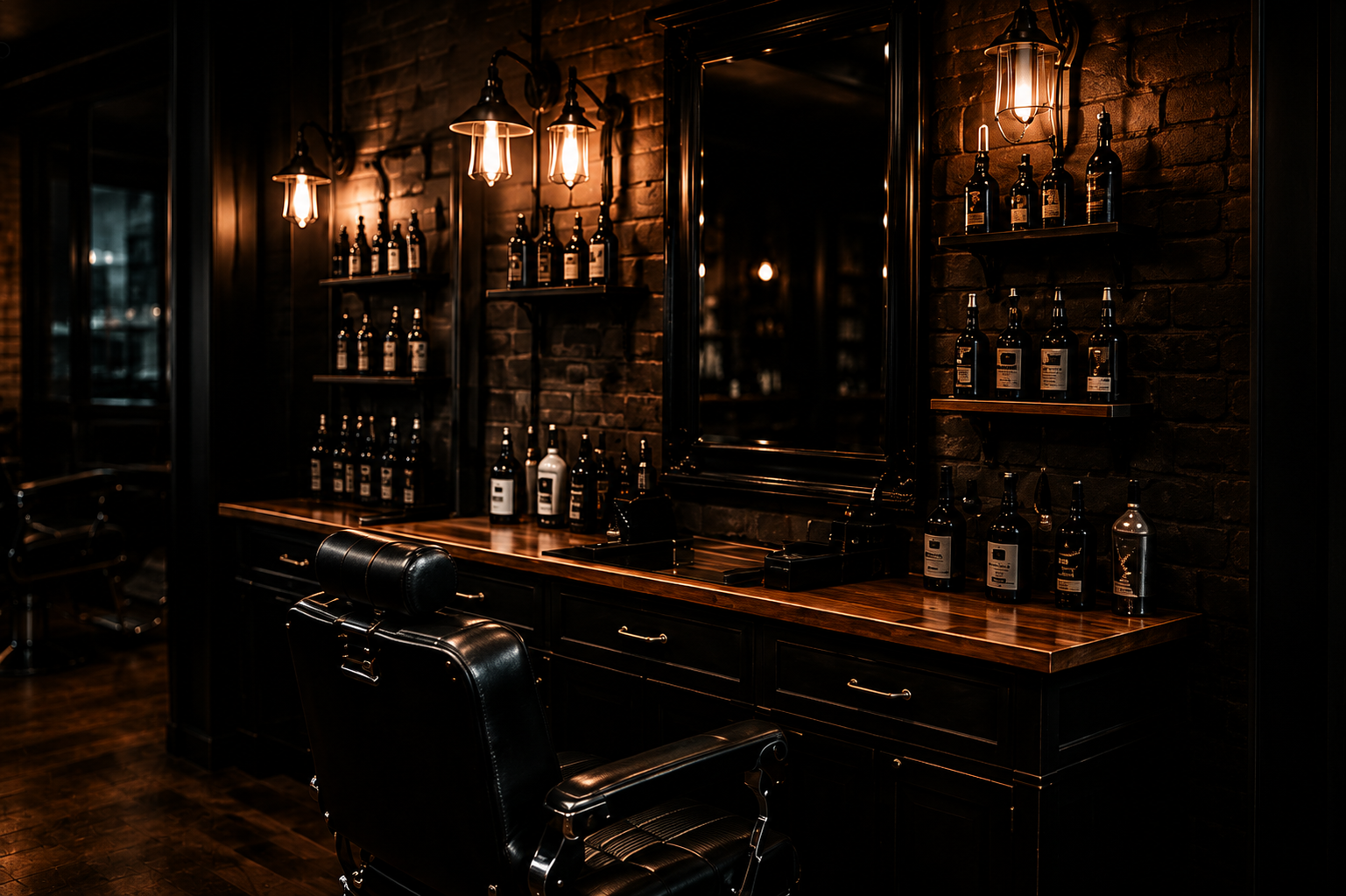 Barber shop interior with warm lighting and vintage chairs