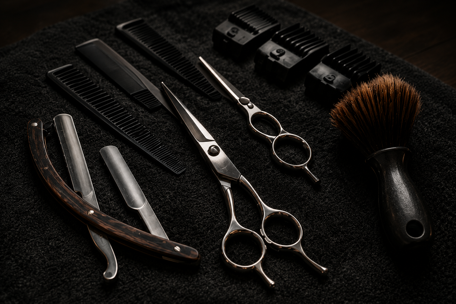 Professional barber tools arranged on a dark surface