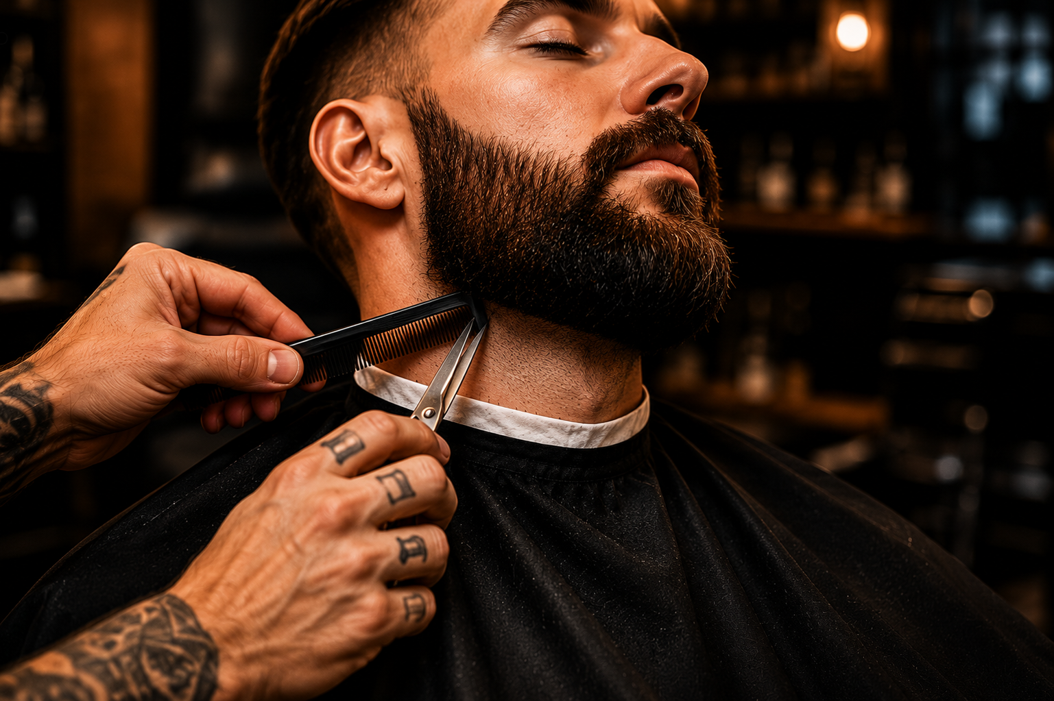 Beard trim in progress with comb and scissors