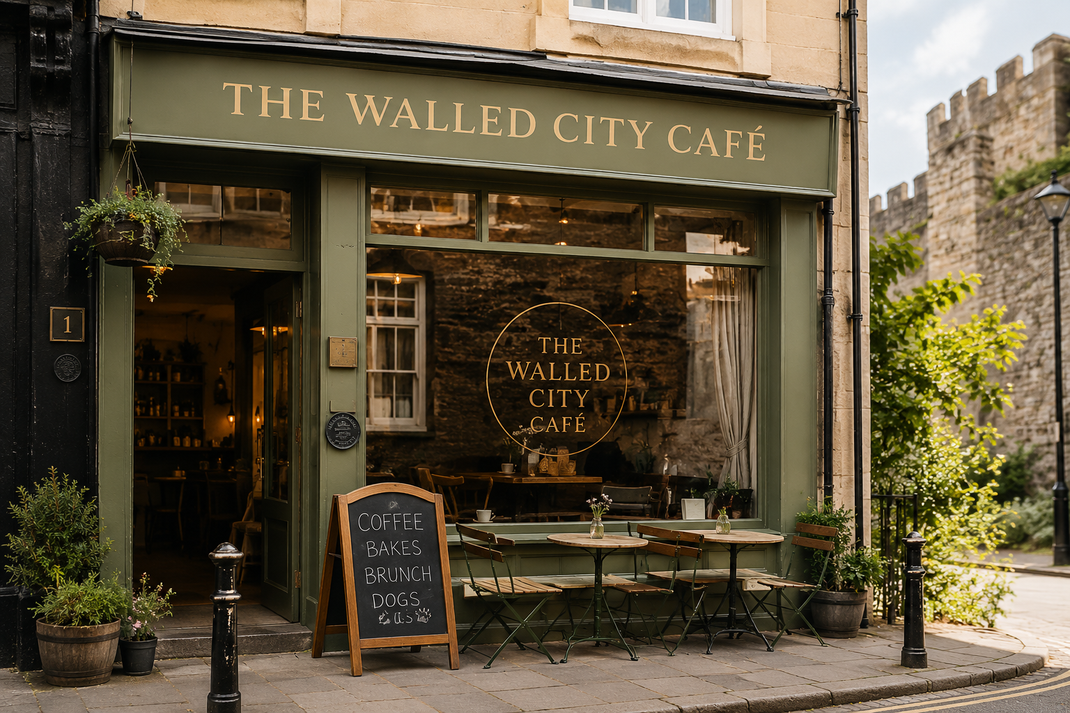 The Walled City Café exterior in warm morning light